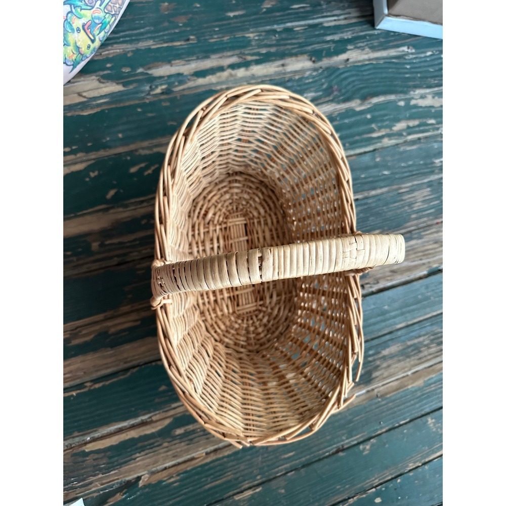 Vintage Wicker Gathering Basket Natural Willow Oval Flower Picnic Basket Handle
